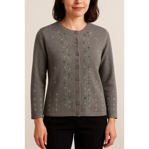 Vintage Talbots Silk Wool Beaded Vine Embroidered Button Cardigan Size Large